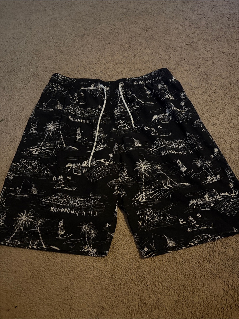 Men's Black Tropical Print Swim Trunks with White Drawstring
